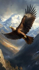 Digital painting of eagle gliding above alpine mountain valley.