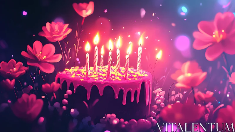 Luminescent Birthday Cake with Floral Bokeh Environment.