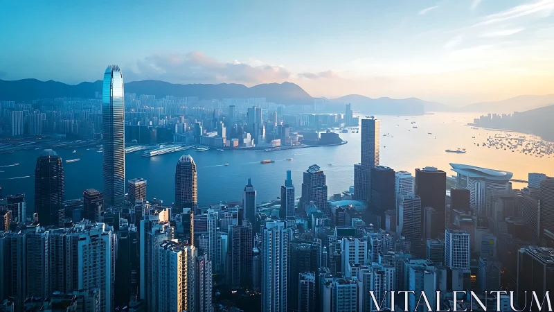 Harbor city skyline glows under cool sunrise light.