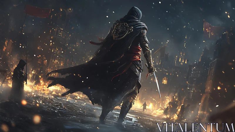 Cloaked swordsman advances through burning medieval cityscape at night