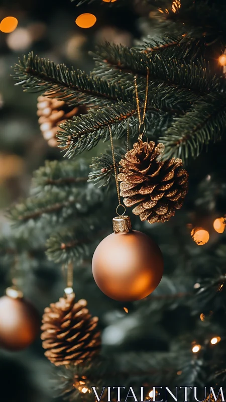 Copper ornament and pinecones hanging on decorated tree