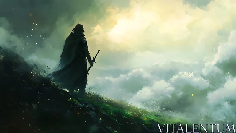 Fantasy ranger silhouette overlooking luminous cloud sea.