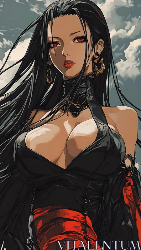Stormlit raven-haired sorceress in red and black attire.