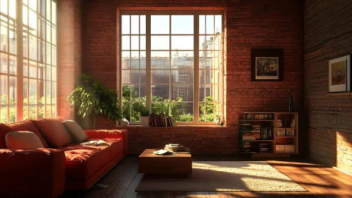 Sunlit industrial loft interior with volumetric warm light.