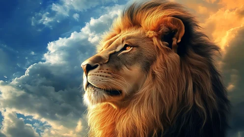 Lion profile under dramatic sunset sky, glowing mane