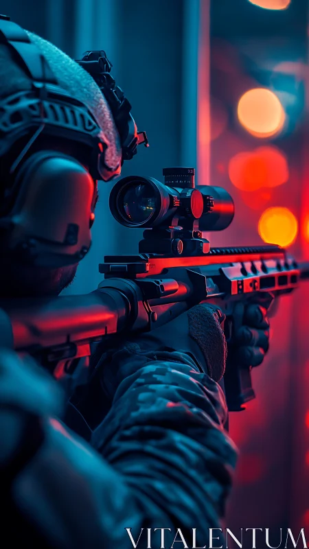 Tactical Precision: Armed Operative with Scoped Rifle in Neon Twilight