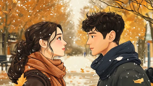 Two figures in autumn setting with falling leaves and snow