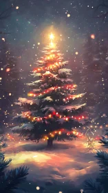 Snow-covered fir tree with glowing multicolor Christmas lights