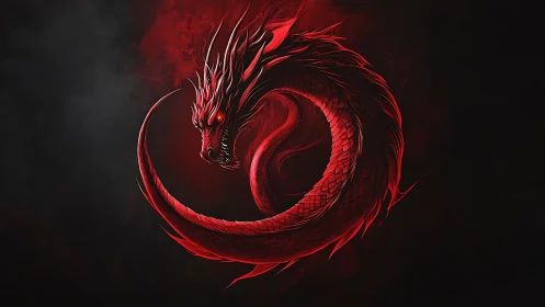 Crimson serpentine dragon coiled in circular infernal silhouette