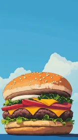 Layered cheeseburger illustration anchors bold sky backdrop