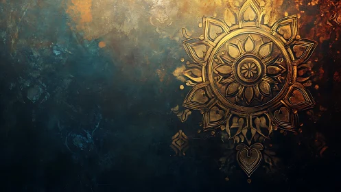 Ornate golden mandala on dark teal textured background.