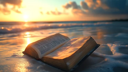 Open book on wet shoreline under low coastal sunset light.