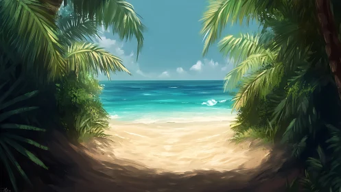 Tropical Paradise Beach Through Palm Trees.