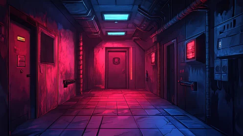 Dim industrial corridor shows central reinforced metal door