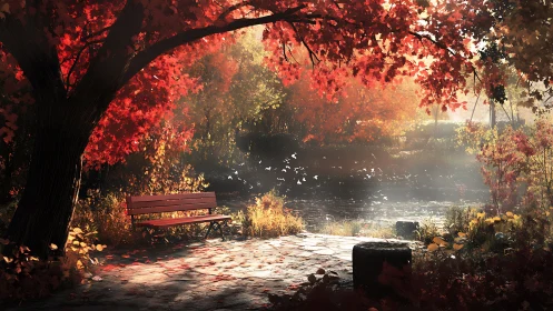 Autumn park bench under red foliage by a quiet pond.