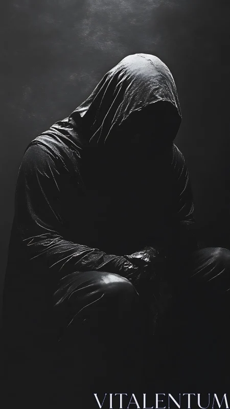 Shrouded figure in hooded cloak under dramatic low light.