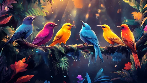 Vibrant Colorful Birds on a Branch in a Magical Forest Scene.