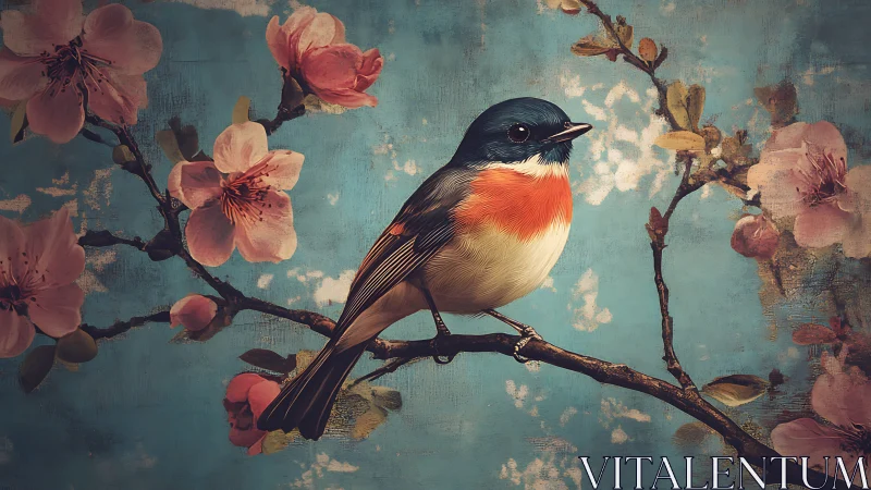 Colorful songbird on cherry blossom branch in vintage painting style.