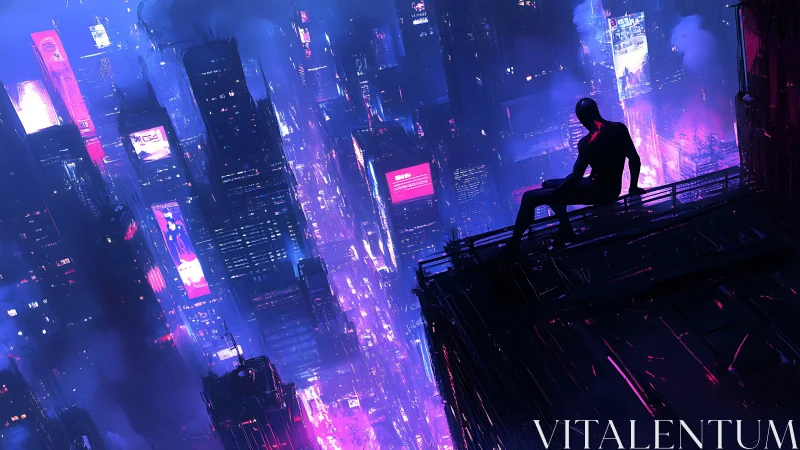 Silhouette figure observes neon cityscape from high rooftop