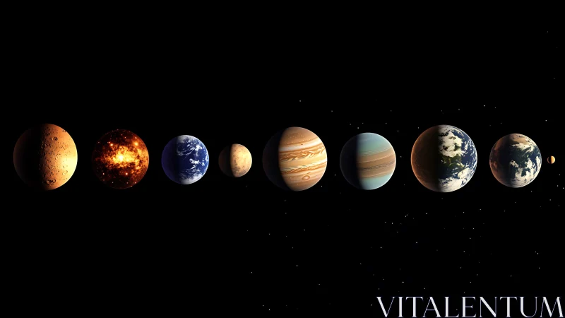 Digital lineup of diverse planets on black space background.