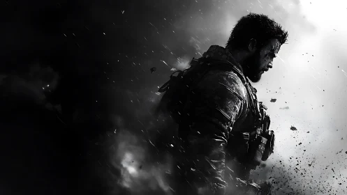 Tactical soldier profile in high-contrast particulate explosion.