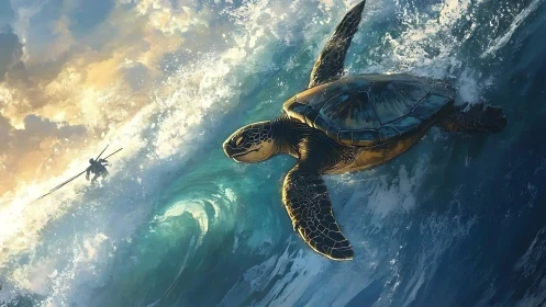 Marine turtle moves through breaking wave near distant figure