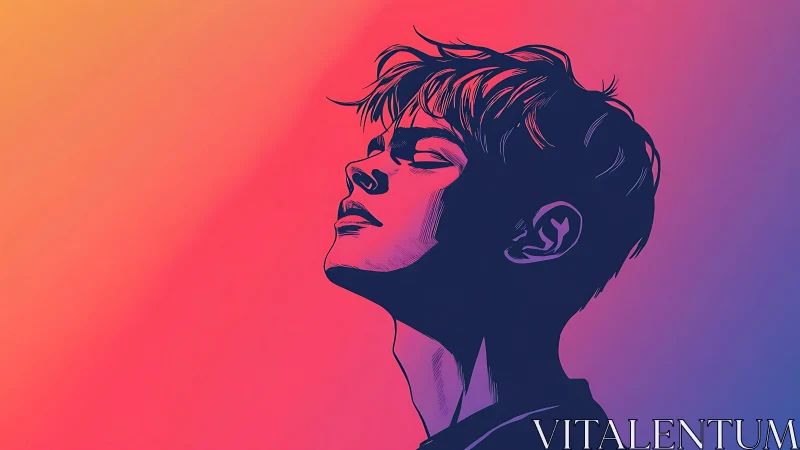 Vibrant neon portrait silhouette against gradient sky.