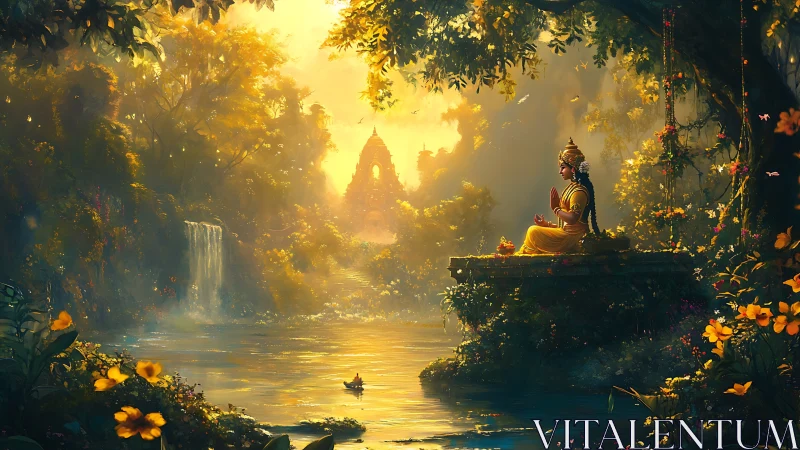 Meditating deity sits beside river in luminous forest valley