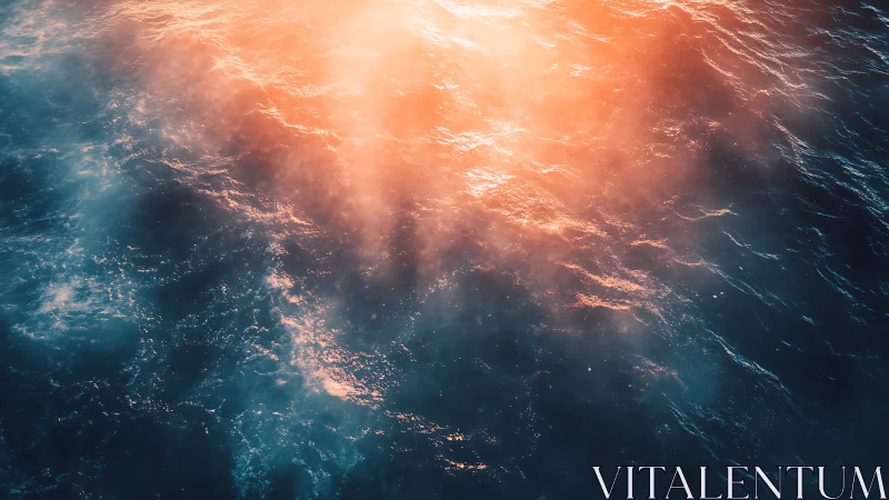 Sunlit ocean surface with glowing orange mist above waves.
