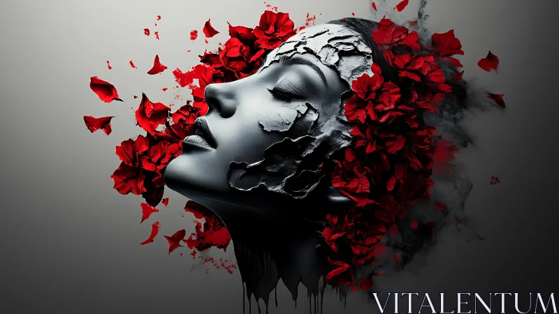 Surreal cracked black face surrounded by vivid red petals.