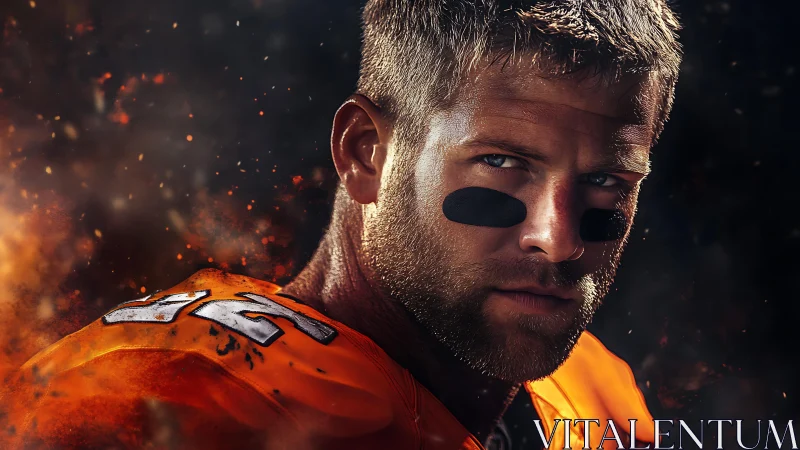 Gridiron portrait under dramatic ember-lit stadium haze.