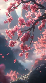 Soft spring blossoms drift gently above misty mountains
