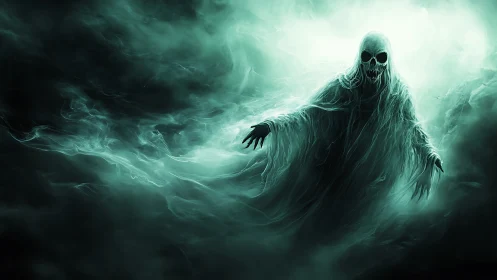 Ghostly skull spirit emerging from eerie green mist.
