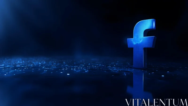 3D Facebook Logo with Blue Neon Lights on Dark Digital Background.