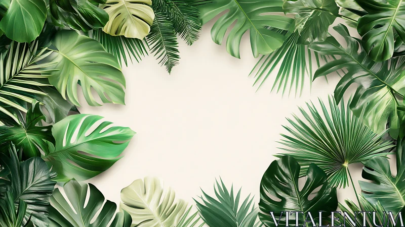 Tropical monstera leaves frame clean pastel background.