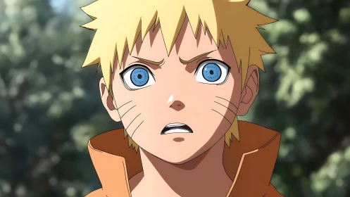 Blond anime youth in orange jacket with intense blue gaze.