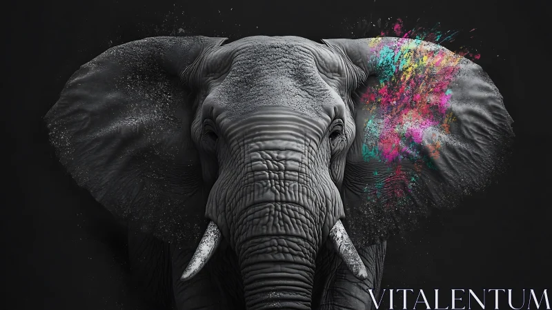 Monochrome elephant portrait with asymmetrical color explosion.