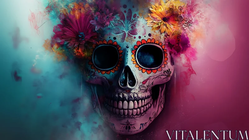 Floral sugar skull blooming through electric nebula mist.