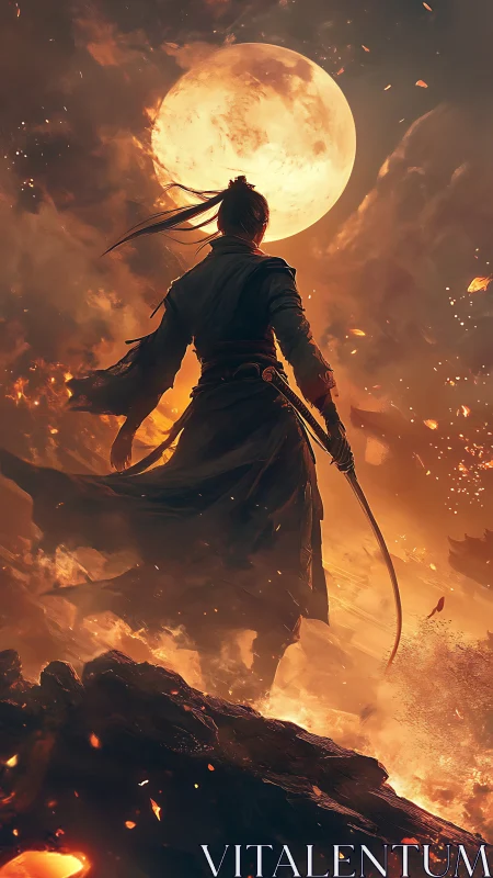 Samurai silhouette confronts full moon in fiery atmospheric digital painting