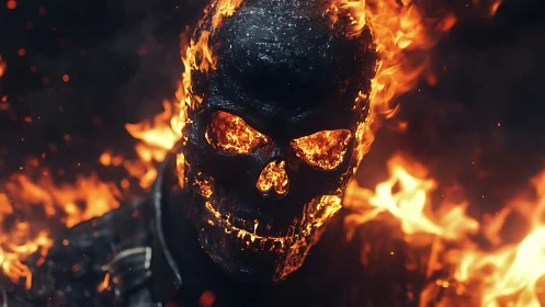 Incandescent flaming skull rendered with high dynamic contrast.