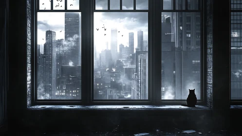 Urban high-rise skyline viewed through large window frame.