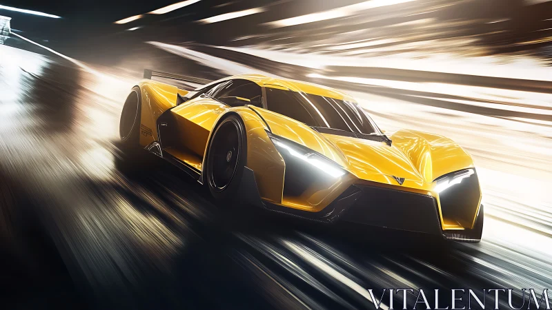 Yellow hypercar slices neon tunnel with aerodynamic precision.