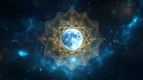 Starlit mandala circles a glowing moon in deep blue space