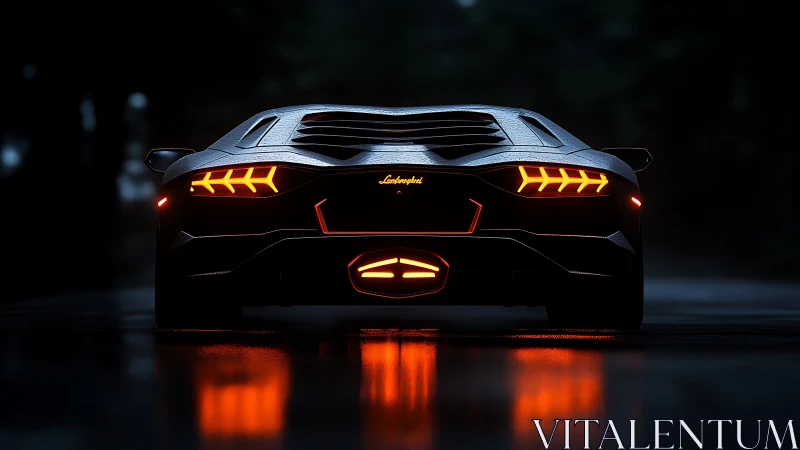 Rear view of sleek black supercar on wet night road.