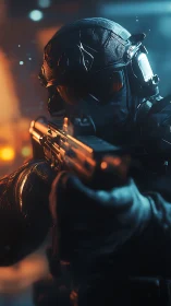 Tactical operator aims weapon under high contrast cinematic lighting
