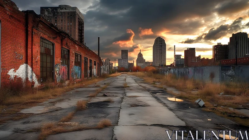 Urban decay and city skyline at dramatic sunset.