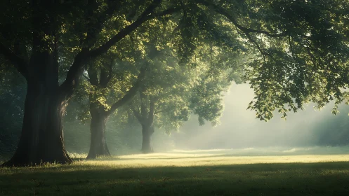 Morning sunlight cutting through trees in quiet green park.