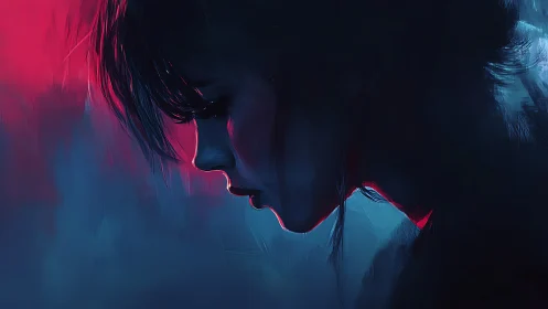 Solitary profile glows in neon red and deep cyan shadows.