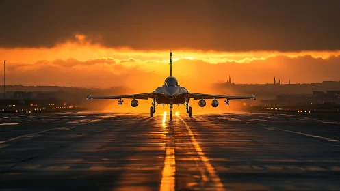 Fighter jet readies for takeoff against blazing runway sunset.