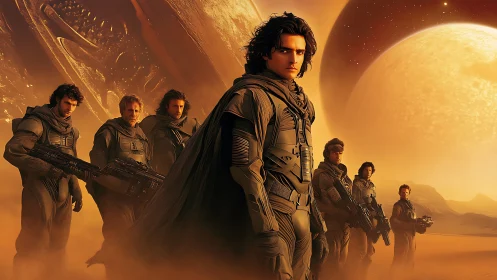 Desert guardians stride beneath burning twin suns of war.